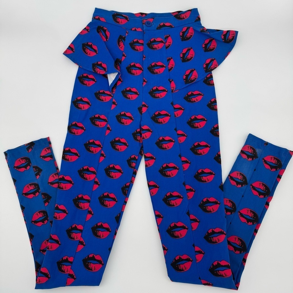 Nasty Gal Blue Lip Print Skinny Pants Y2K Made in USA XXS - Picture 1 of 9